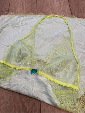 Victorias Secret satin Slip dress Halter Top  sz L Mint Lime Green Lace